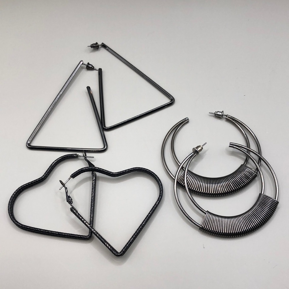 Bundle Lot 3 Statement Size Gunmetal Hoop Earrings Heart Geometric Modernist 15$